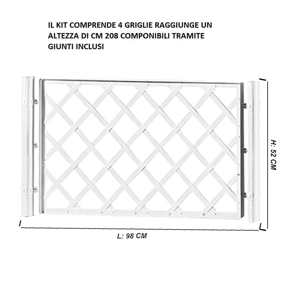 Spalliera BIANCA per Piante Rampicanti Grigliato in Plastica ALTA CM 208 X 100 Modulare con Giunti e Tappi Supporto separe' Traliccio rete Divisorio Grigliato per Giardino e Balcone Made in Italy