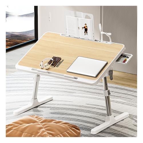 SXFSDOU Escritorio para portátil, Mesa Baja de Cama, Mesa Auxiliar para portátil, Mesa de Regazo con portavasos. El Tablero Tiene ángulo Ajustable y 5 Niveles de Altura. (Negro Cristal, A) (Nogal C)