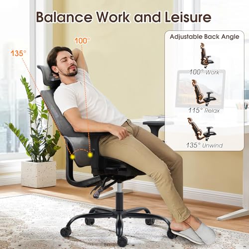Image of ECOTOUGE Ergonomic Office Chair, High Back Mesh Computer Chair with Lumbar Support, Adjustable Headrest & 3D Armrests, Reclining Desk Chair for Home, Gaming Chair for Adults, 330LBS Capacity, Grey