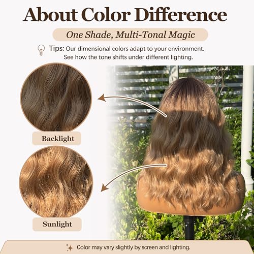 Image of Nnzes Blonde with Light Brown Wig with Bangs for Women Shoulder Length Bob Wavy Charming Synthetic Wigs with Natural Curly Heat Resistant Hair