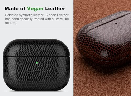 Image of Haobobro Handmade Case - for AirPods Pro 3 Case Cover - Selected Vegan Leather, Lizard Skin Texture, Drop Protective Hard Shell Cover for AirPods Pro 3rd Generation Earbuds - Black