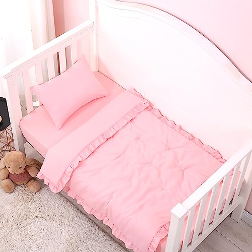 Image of JISEN 3 Piece Crib Bedding Set Soft Baby Ruffle Crib Comforter Set with Quilt, Sheet, Pillowcase - Nursery Bedding for Boys or Girls Pink