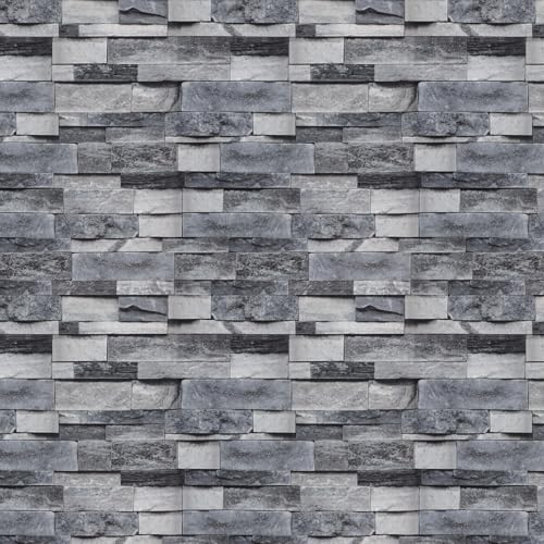 Fiula Papel pintado realista 3D gris oscuro apilado, 44 cm x 300 cm, despegar y pegar, textura profunda, efecto ladrillo, papel de pared, extraíble, impermeable, para pared, sala de estar, dormitorio