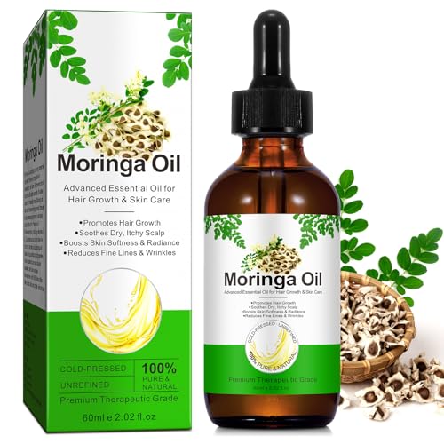 Moringa Oil for Hair 2.02 fl.oz, 100% Natural Premium Organic Cold-Pressed Glass Bottle Moringa Oil, Moringa Seed Oil for Face, Hair & Body Care, Anti-Aging, Nourish Hair, Scalp & Body Massage