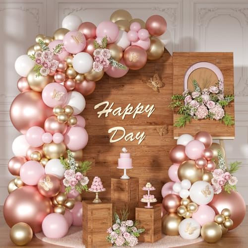 Rose Gold Pink Balloon Arch Kit 163 Pcs rose gold Balloon Garland Kit Include Rose Gold Pink White Balloons for Wedding Birthday Bridal Baby Shower Party Decorations