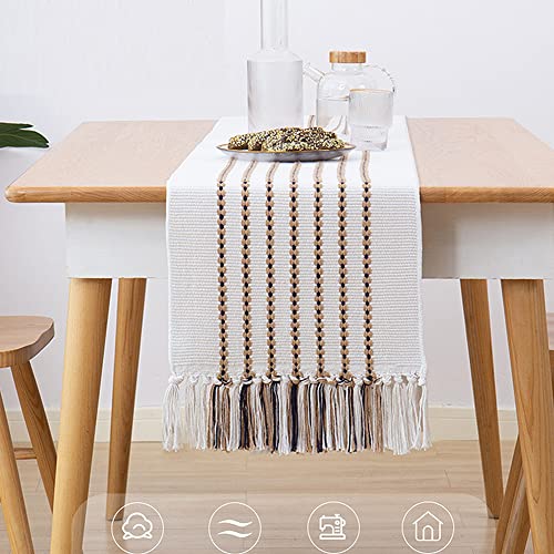 KERIQI Boho Table Runner Natural Cotton Table Runner with Tassels, Woven Tassels Table Linen, Kitchen Decor Cream Color Braided Vintage Table Decor Dining Room Farmhouse (Striped Table Runner)