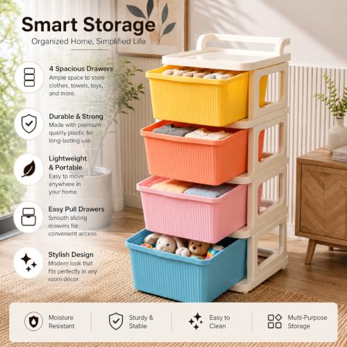 Image of Heavy Duty Plastic Storage Drawer with Wheels | Modular Cabinet for Bedroom, Office, Home or Classroom| Chest of Drawers Organiser for Cosmetics, Kitchen items, Toys (Multicolor, 4)