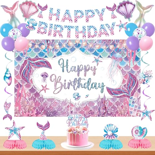 Jorvian Mermaid Birthday Decorations Include Purple Mermaid Birthday Backdrop Banner & Hanging Swirls & Cake Topper, suitable for Under The Sea Party Supplies & Ocean Room Decorations for Girls