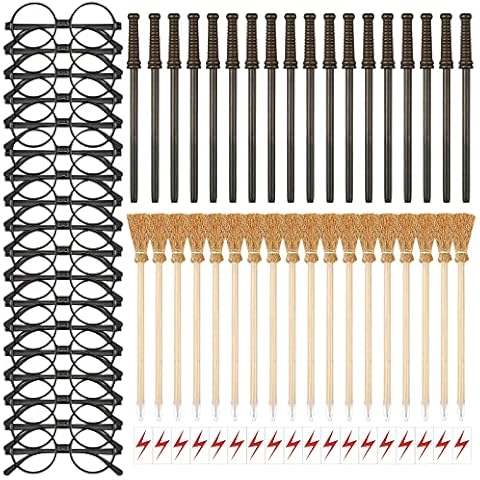 144 Pcs Wizard Wand Party Favors for Kids , Wand Pencils, Witch Broom Pencils, Lightning Tattoos, Round Frame Glasses, Party Decorations Birthday Gifts, Halloween Cosplay Accessories for Teens Cover