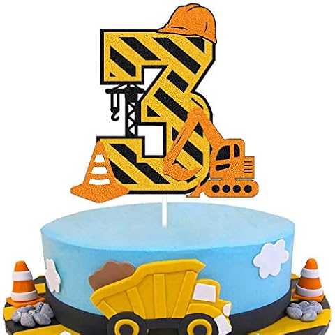 Ohiviaaa Construction 3rd Birthday Cake Topper for Kids Boy Girl Truck Excavator Forklift Dump Bulldozer Road Roller Engineering Themed Three Year Old Happy Birthday Party Supplies Cover