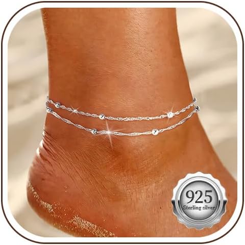925 Sterling Silver Ankle Bracelets For Women Dainty Layered Waterproof 18K Gold Plated Anklets For Women Beach Adjustable Anklet Foot Jewellery
