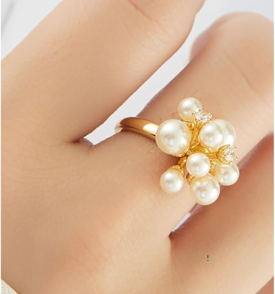 Kokoma Pearl Flower Statement Ring for Women Gold-Plated Cubic Zirconia Bouquet Wrap Finger Band Promise Engagement Ring Wedding Bands - Image 3
