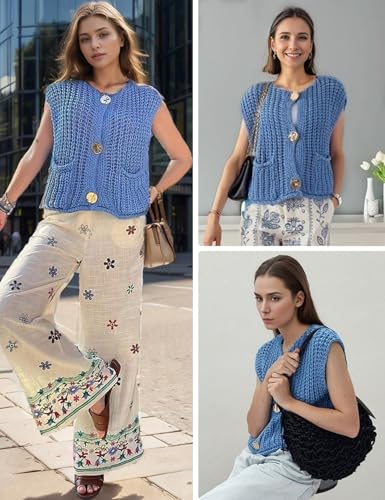 Image of Wyeysyt Sweater Vest Women Sleeveless Crop Knit Cardigan Casual Button Down Cropped Knitted Sweater Vest with Pockets