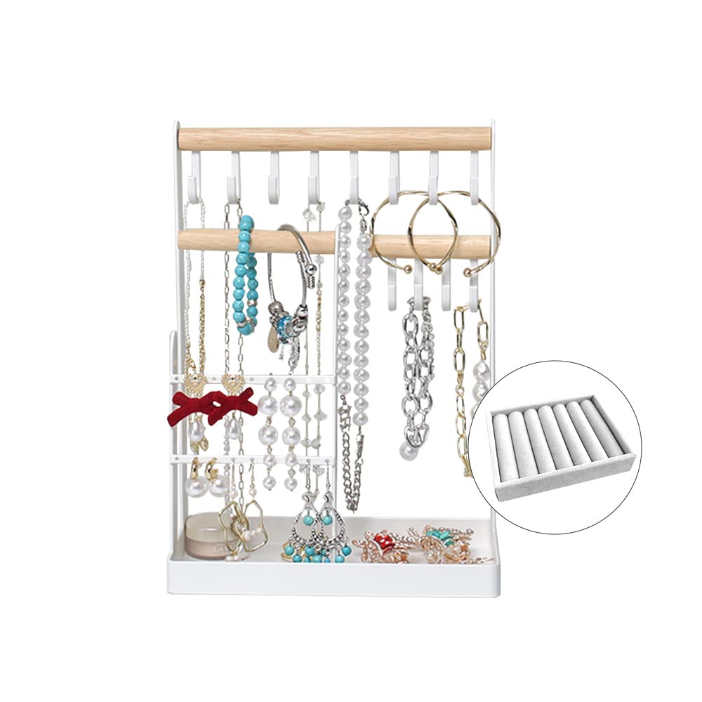 CHIC SHACKJewelry Organizer Stand 12 Hooks Necklaces Hanging Storage Tree Display for Bracelets Watches Earrings with Rings Box Earring Display Stand with 16 Holes (White)