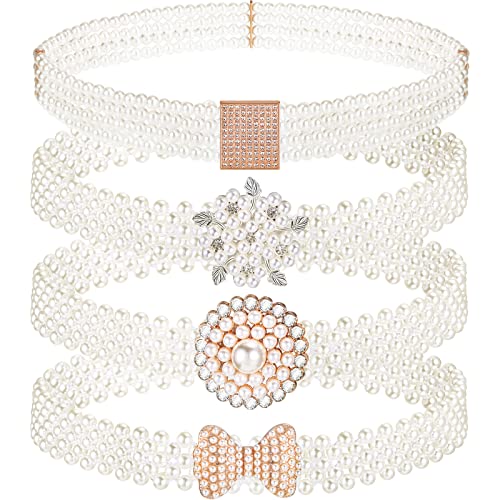 4 Pack Wedding Pearl Belt for Women Dress Rhinestone Bridal Belt Crystal Beaded Waistband Elastic Jeweled Wedding Waist Sash Accessories for Women Bride Bridesmaid Gown Birthday Party Prom Gifts