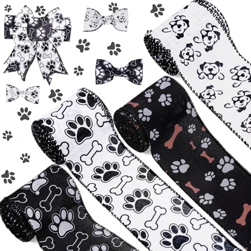 4 Rolls 24 Yards Dog Ribbon 2.5 Inch Wired Paw Print Wired Ribbon for Christmas DIY Wrapping Wedding Floral Bows Decor Home Party Ornaments (Dog Paw)