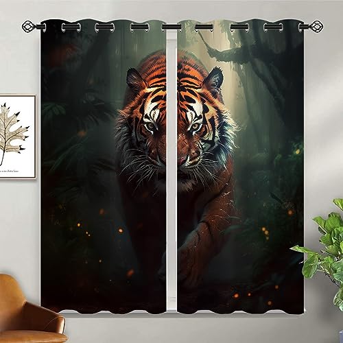 Ferocious Tiger Blackout Curtains for Girls Boy Home Decor, Animal Forest Wild Nature Kids Grommet Thermal Insulated Drapes Darkening Window Curtain for Bedroom Living Room, 42 x 63 Inch