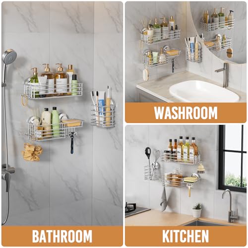 Image of LEVERLOC Shower Caddy Suction Cup, 3 Pack Heavy Duty Bathroom Organizer for Inside Shower with Hooks & Soap Holder, Removable Bathroom Organizer, Rustproof Silver Holder Storage Storage,Silver