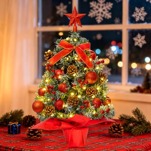 BUOAZR Mini árvore de Natal, 60 cm árvore de Natal artificial pequena com iluminação LED e decoração, para decoração natalícia em casa, escritório (vermelho verde)