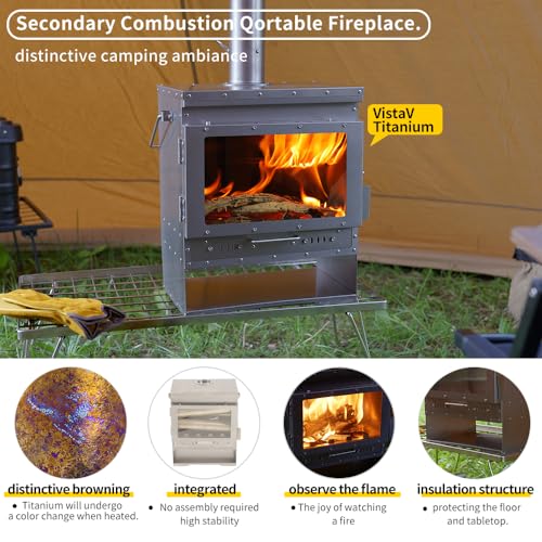 Soomloom Titanium Secondary Burning Fireplace VistaV Smokeless Wood Stove Glass Window Portable Firewood Heater Tent Cooking BBQ Campfire Outdoor Camping Warmer, 43x27x37 - Image 2