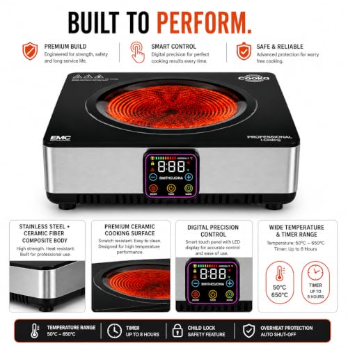 Image of Cooka D-MAX 3500 Commercial Infrared Radiant Cooktop - 3500W Heavy Duty, Patented DHC Technology, 600C Peak Heat, 24 /7 Professional Use, Fits Round & Flat Bottom Utensils