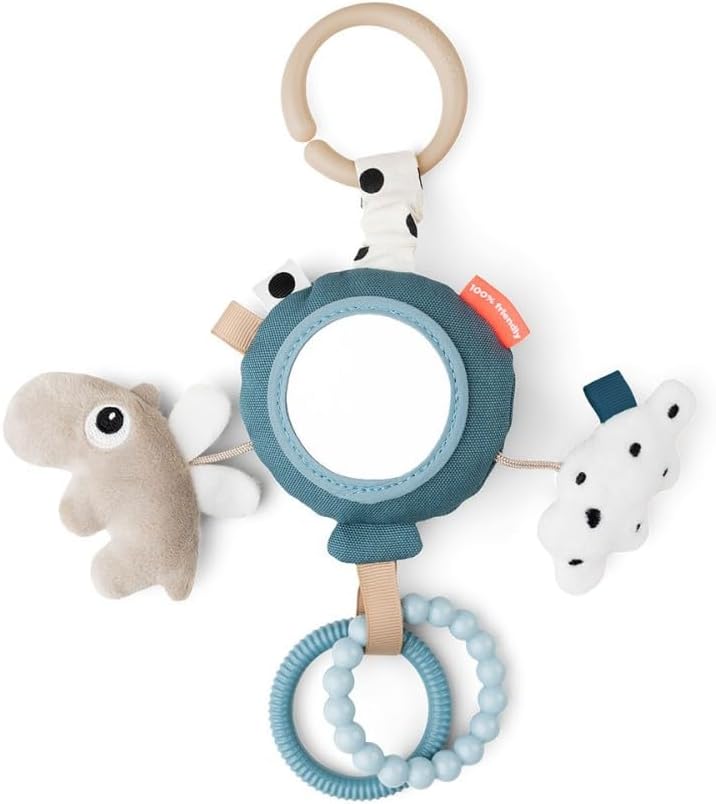 Done By Deer To-Go Activity Mirror - Happy Clouds Blue | Portable Baby Mirror Toy | Clip-On Sensory Toy for On-the-Go Entertainment