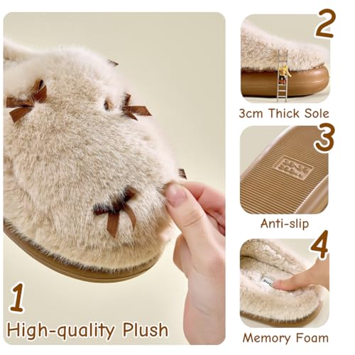 Cute Bow Fuzzy Slippers for Women, Fluffy Plush Warm House Slippers4
