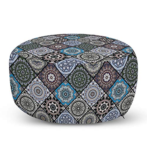 Ambesonne Moroccan Ottoman Pouf, Detailed Flower Designs with Checkered Pattern and Antique Cultural Inspirations, Decorative Soft Foot Rest with Removable Cover Living Room and Bedroom, Multicolor