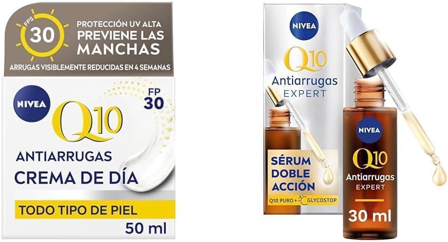 NIVEA Q10 Power Antiarrugas - Crema de Día FP30 + Sérum Doble Acción - Tratamiento Hidratante y Antiedad - Protección Solar y Reafirmación - Para Piel Madura - Pack de 50 ml y 30 ml