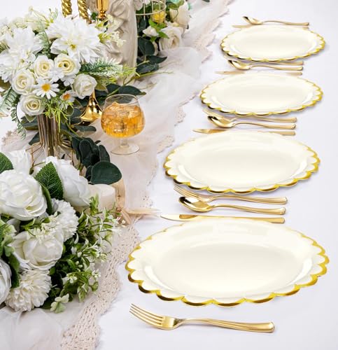 Image of HEIPINIUYE 50 Pieces Ivory Paper Plates with Gold Foil 7 Inch Disposable Ivory Scalloped Dinner Plates for Wedding Baby Shower Birthday Party Dessert Plate