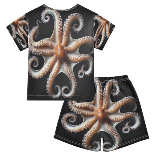 ALAZA Octopus Kraken Black Pajamas Set Short Sleeve Cotton Sleepwear Summer Pjs 2 Piece 5-14Y2