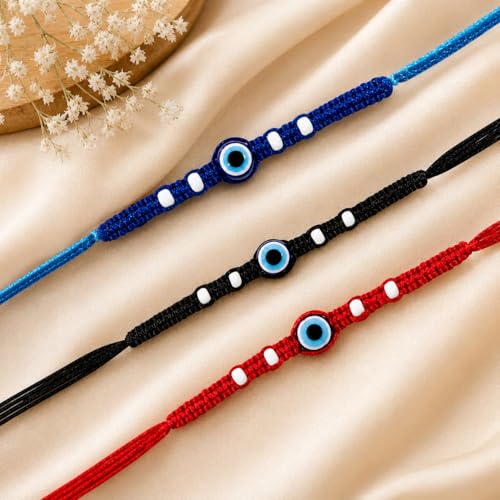 Image of Riddhika Ventures Triple Protection Evil Eye Rakhi (Set of 3), Blue for Peace • Black for Protection • Red for Love & Prosperity with Roli Chawal and Greeting Card (A1B1C1)