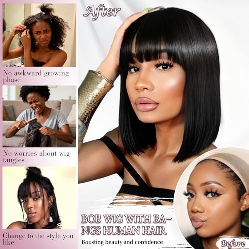 Image of ZHENGON Bob Wig with Bangs Human Hair Wig Silky Straight Glueless Wigs Human Hair Ready to Wear and Go for Beginners 14Inch