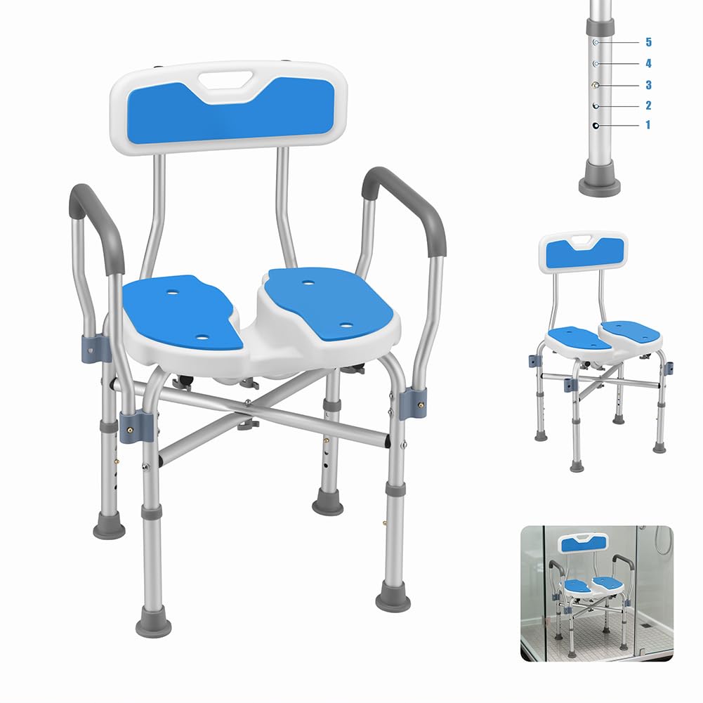 BAKAJI Sgabello da Doccia con Schienale e Braccioli, Struttura Alluminio e Seduta Ergonomica in HDPE, Sedile da Bagno per Anziani, Disabili e Persone con Mobilità Ridotta, Regolabile Altezza 83-93 cm