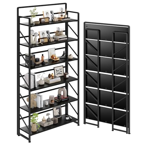 Image of JSB 6 Tier No Assembly Folding Bookshelf, 30.3 inch Wide Foldable Storage Bookcase for Home Office, Space-Saving Storage Shelf for Living Room (Black)
