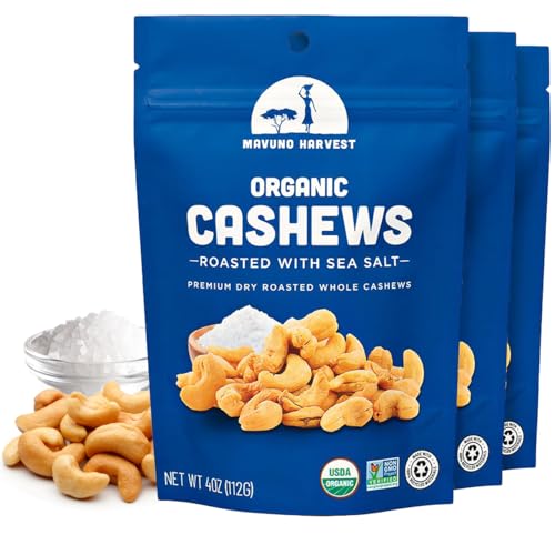Mavuno Harvest Organic Roasted Cashews with Sea Salt | Dry Roasted Whole Cashew Nuts | Vegan, Non GMO Healthy Snacks for Kids and Adults | Office Friendly Work Snack | 4 Ounce, Pack of 3