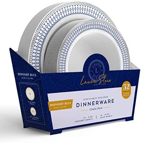 Laura Stein Designer Dinnerware Set | 32 Disposable Plastic Party Bowls | White Wedding Bowl with Blue Rim & Silver Accents | Set Includes 16 x 12 oz Soup Bowls + 16 x 5 oz Dessert Bowls | Midnight Bl