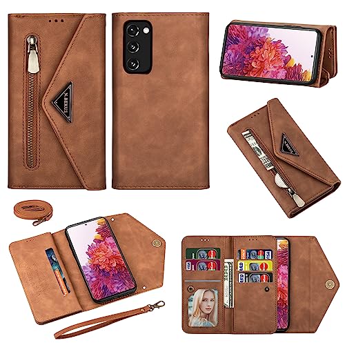 Wallet Case for Samsung Galaxy S20 FE 5G 6.5 inch Flip Zipper Purse Handbag with Credit Card Holder Shoulder Strap Wrist Strap Phone Cover for S 20 EF UW S20FE5G S20FE 20S S2O Fan Edition 4G G5 Brown