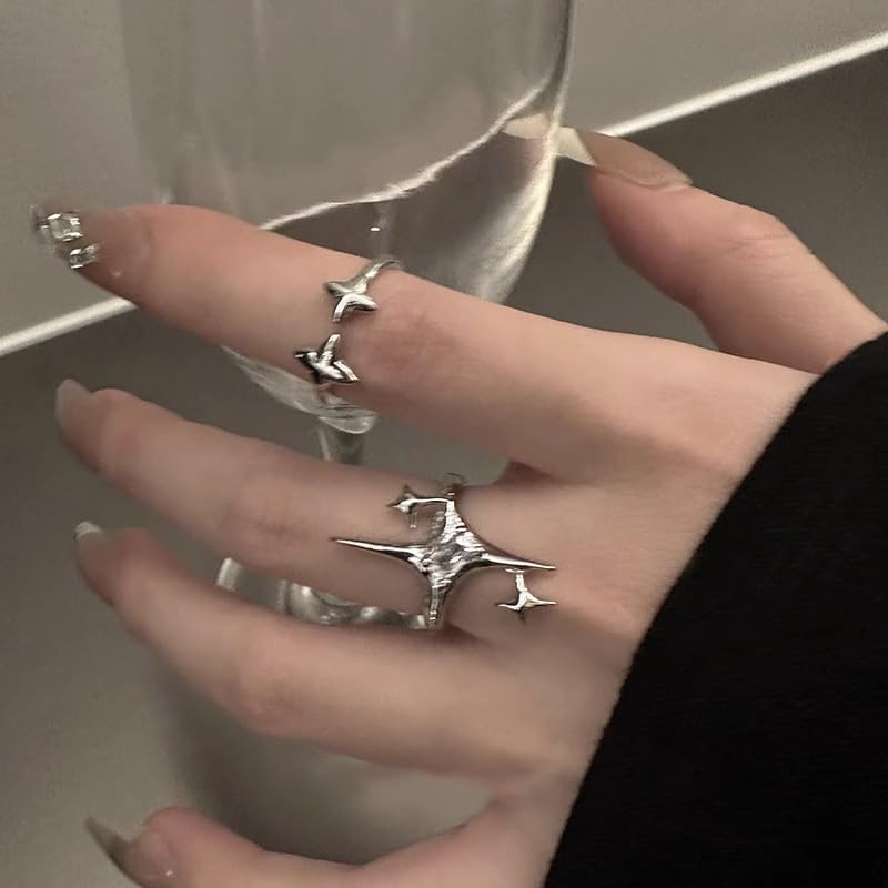 3Pcs Y2k Rings for Women Star Moonstone Rhinestones Statement Rings Punk Grunge Goth Chunky Rings Cute Adjustable Open Ring Fashion Irregular Silver Stacking Thumb Ring Christmas Birthday Gift - Image 3
