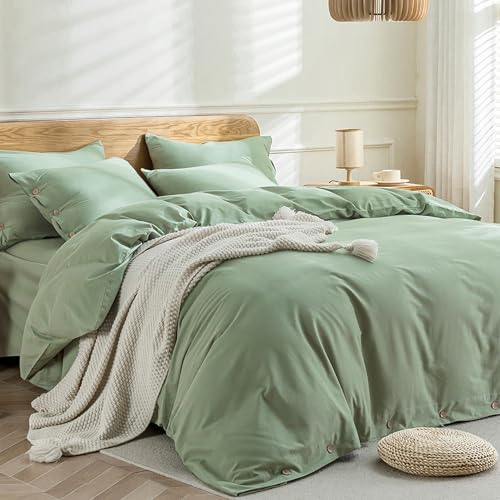 Image of JELLYMONI Cotton Duvet Cover Full Size - Light Green Comforter Cover with Button 100% Washed Cotton 3PCS Breathable Soft Solid Bedding Set Duvet Cover 80x90in & 2 Pillowcases (NO Comforter)