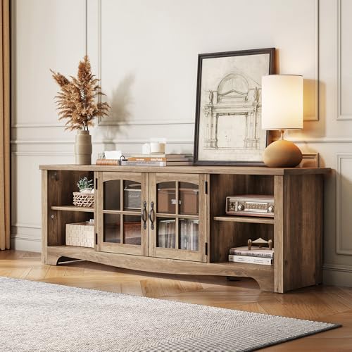 LINSY HOME TV Stand for 75 Inch TV, Modern Farmhouse Entertainment Center with Storage Cabinets and Glass Doors, Tall Media Console Table for Living Room, Bedroom, Large Long Television Stand, Brown - Image 5