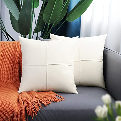 Image of BRAWARM Faux Leather Throw Pillow Covers 18 X 18 Inches, Cream Leather Pillow Covers Pack of 2, Hand Stitched Leather Decorative Throw Pillows for Couch Sofa Bed Living Room Home Garden