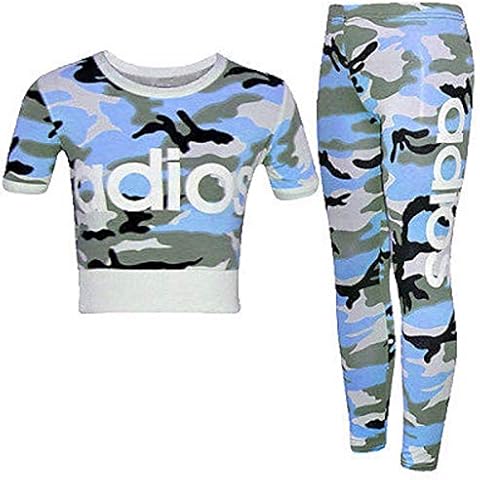 7STYLES® Girls New Adios Camouflage Crop Top & Legging Two Piece Athletic Set Summer Wear 7-13 Years (13 Years, Blue) Cover
