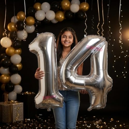 Image of Balloonistics Silver 40-Inch Foil Number 14 Balloon - Helium or Air Fill for 14th Birthday, Anniversary Party Decoration, Photo Booth Backdrop, Cake Table Decor