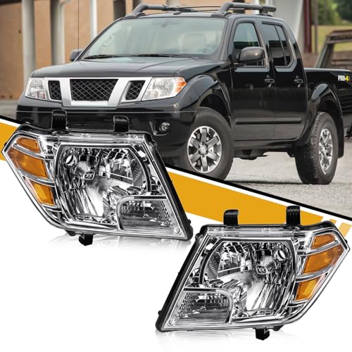 Headlights Assembly Compatible with Nissan 2009-2021 Frontier Headlamps, Halogen Type Replacements for 26060ZL40A 26010ZL40A, w/o Bulbs, Chrome Housing Clear Lens Amber Corner, Left and Driver Side
