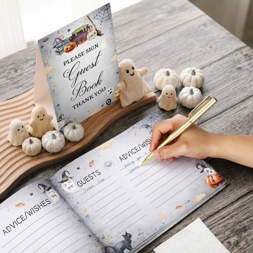Image of Fuyoooo 27 Pcs Halloween Baby Shower Guest Book Baby Shower Sign in Guest Book Reception with Sonogram Page Keepsake Includes Gold Pen Table Card and Adhesive Photo Corner for Birthday