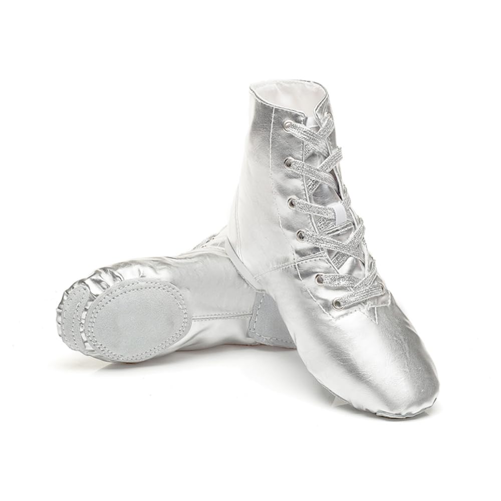 Unisex Kids Lace-up Jazz Dance Shoes Canvas Soft Leather Split Sole Ballet Boots for Girls Boys (Toddler/Little Kid/Big Kid) (Silver Leather Hight,6.5,Unisex,Big_Kid,Big Kid)