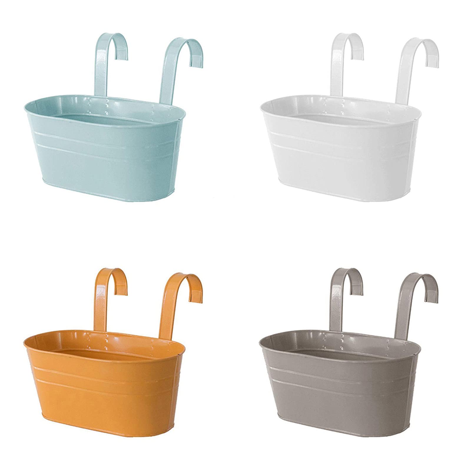WIVAYE 4Pcs Metal Iron Hanging Flower Pots, Oval Balcony Planters with Detachable Hook, Double Hook Hanging Decorative Bucket Planter, for Balcony Fence Railway Decoration