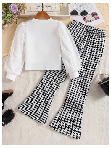 Image of SweatyRocks Girl's 2 Piece Outfits Houndstooth Print Mesh Long Sleeve Top and Flare Pants Set White 12Y