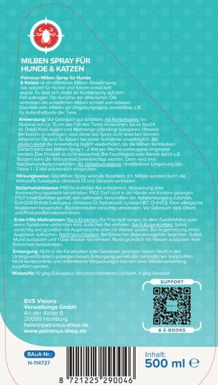 Milbenspray Hunde & Katzen, effektive Milben-Abwehr 500ml mit ätherischen Ölen - Grasmilben Spray für Hunde & Katzen, Milbenspray Hund, Milbenspray Katze - dezenter Duft, wirksam und laborgeprüft